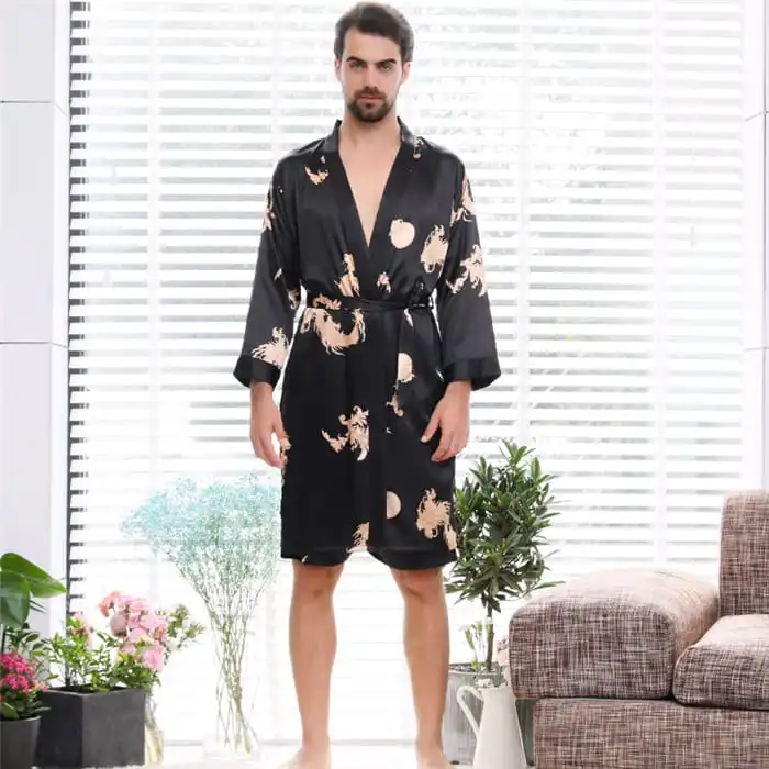 M-5XL Men Fashion Plus Size Printed Silk Nightrobe Two-Piece Set