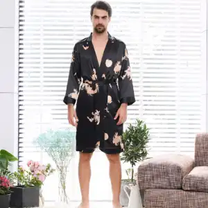 M-5XL Men Fashion Plus Size Printed Silk Nightrobe Two-Piece Set