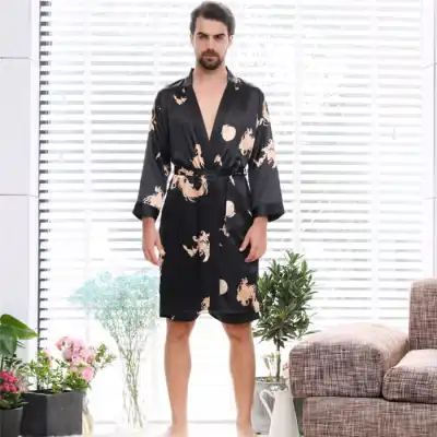 M-5XL Men Fashion Plus Size Printed Silk Nightrobe Two-Piece Set