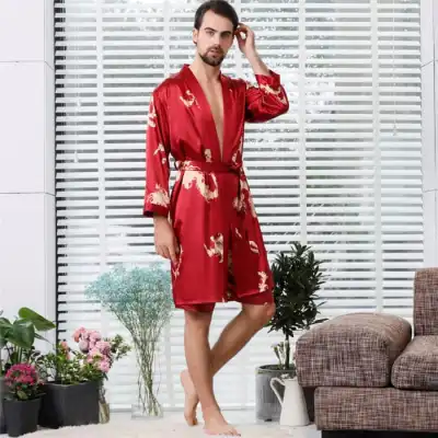 M-5XL Men Fashion Plus Size Printed Silk Nightrobe Two-Piece Set