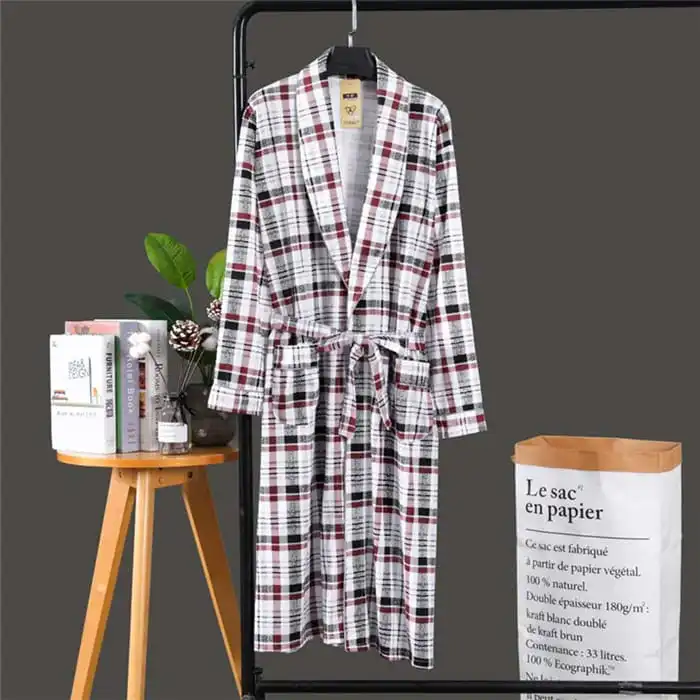 Men Fashion Plaid Printed Sash Comfortable Nightrobe Cardigan Long Sleeve Loungewear