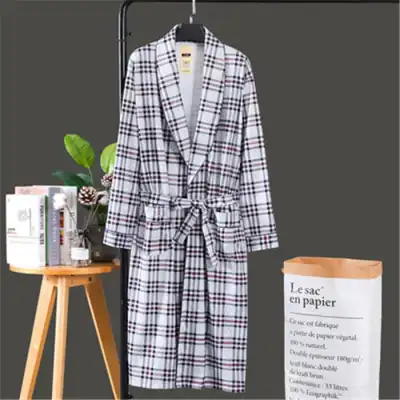 Men Fashion Plaid Printed Sash Comfortable Nightrobe Cardigan Long Sleeve Loungewear