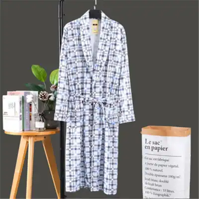 Men Fashion Plaid Printed Sash Comfortable Nightrobe Cardigan Long Sleeve Loungewear