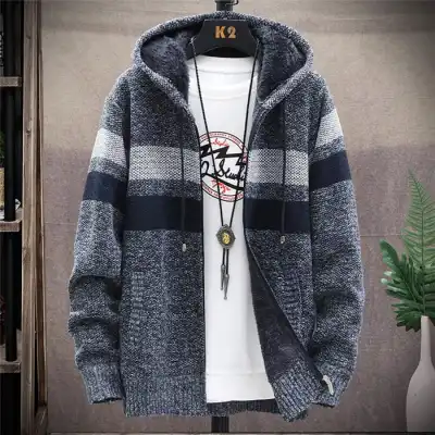 Men M-3XL Fashion Color Block Zipper Hooded Knitwear Coat