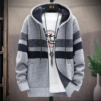 Men M-3XL Fashion Color Block Zipper Hooded Knitwear Coat