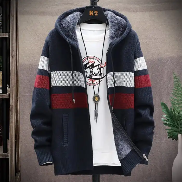 Men M-3XL Fashion Color Block Zipper Hooded Knitwear Coat
