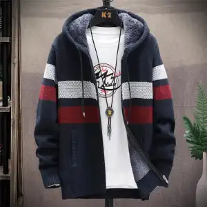 Men M-3XL Fashion Color Block Zipper Hooded Knitwear Coat