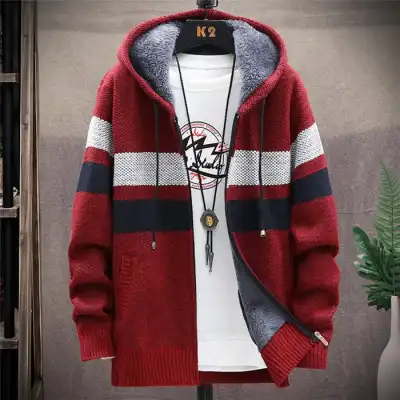 Men M-3XL Fashion Color Block Zipper Hooded Knitwear Coat
