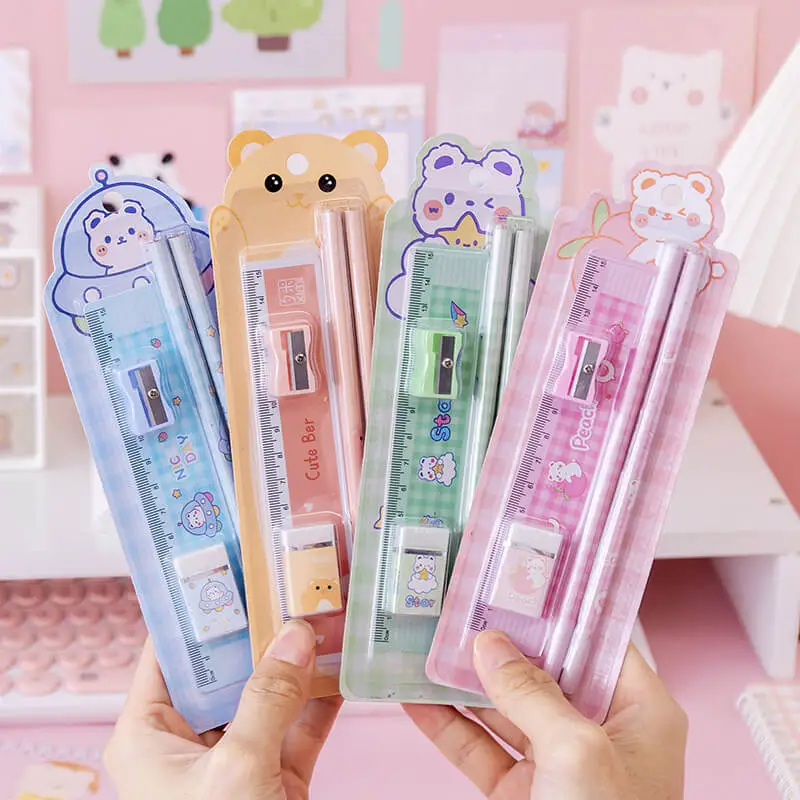 Cartoon Ruler Eraser Sharpener And Pencil Set For Kids Plastic Stationery