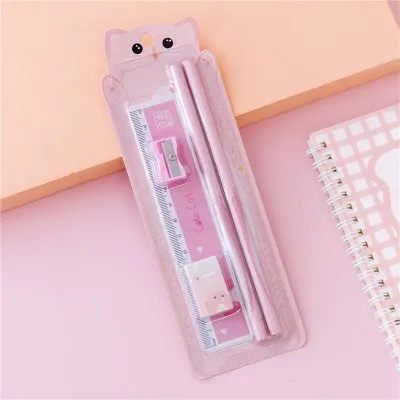 Cartoon Ruler Eraser Sharpener And Pencil Set For Kids Plastic Stationery