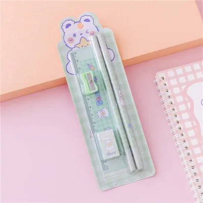 Cartoon Ruler Eraser Sharpener And Pencil Set For Kids Plastic Stationery