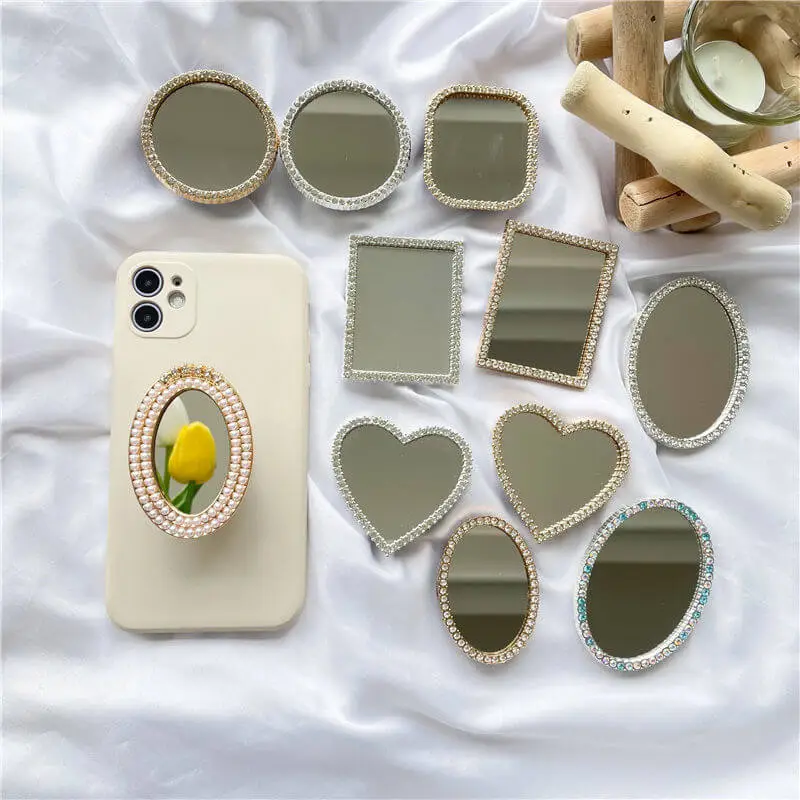Fashion Mirror Rhinestone Pearl Decoration Phone Holder