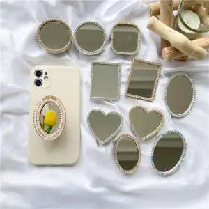 Fashion Mirror Rhinestone Pearl Decoration Phone Holder
