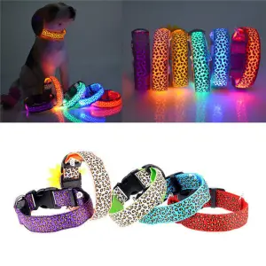 Safety Adjustable Leopard Nylon LED Luminous Pet Collar for Cats and Dogs