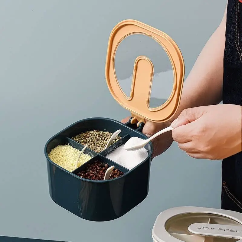 Kitchen Four Grid Plastic Seasoning Box Condiment Organizer with Lid