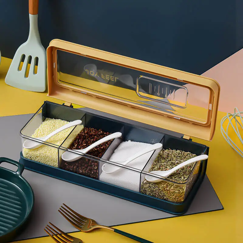 Multifunctional Kitchen Four Grid Seasoning Box with PS Material, Spice Organizer
