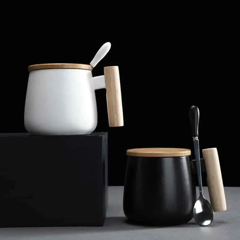 390ml Wooden Handle Ceramic Coffee Cup With Lid Stainless Steel