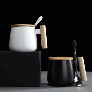 390ml Wooden Handle Ceramic Coffee Cup With Lid Stainless Steel