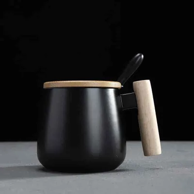 390ml Wooden Handle Ceramic Coffee Cup With Lid Stainless Steel