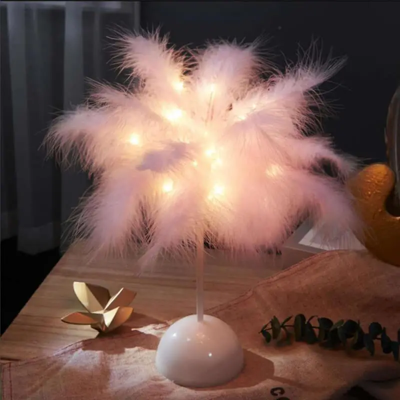 Creative Feather Decoration Bedroom Lamp with Plastic Base