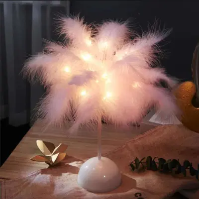 Creative Feather Decoration Bedroom Lamp with Plastic Base