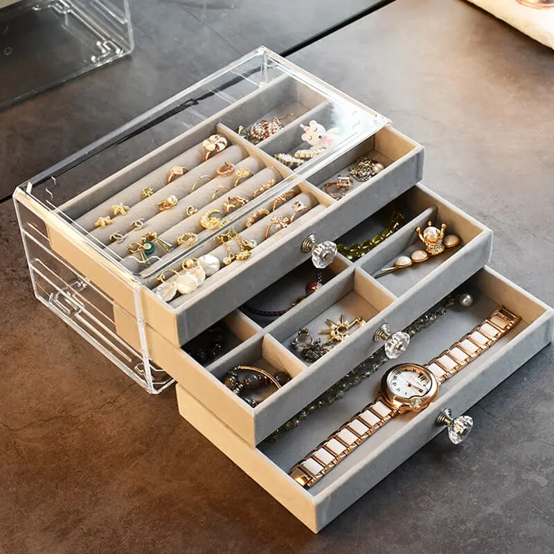 Transparent Three Layers Drawer Type Flannelette Jewelry Box