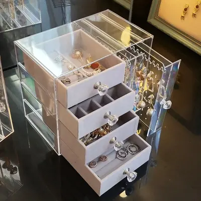 Women Drawer Type And Display Rack Design Jewelry Storage Box With Flannelette Lining