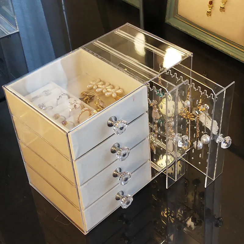 Women Drawer Type And Display Rack Design Jewelry Storage Box With Flannelette Lining