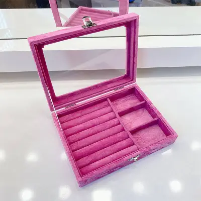 Portable Multifunctional Glass Flannelette Solid Color Jewelry Storage Box