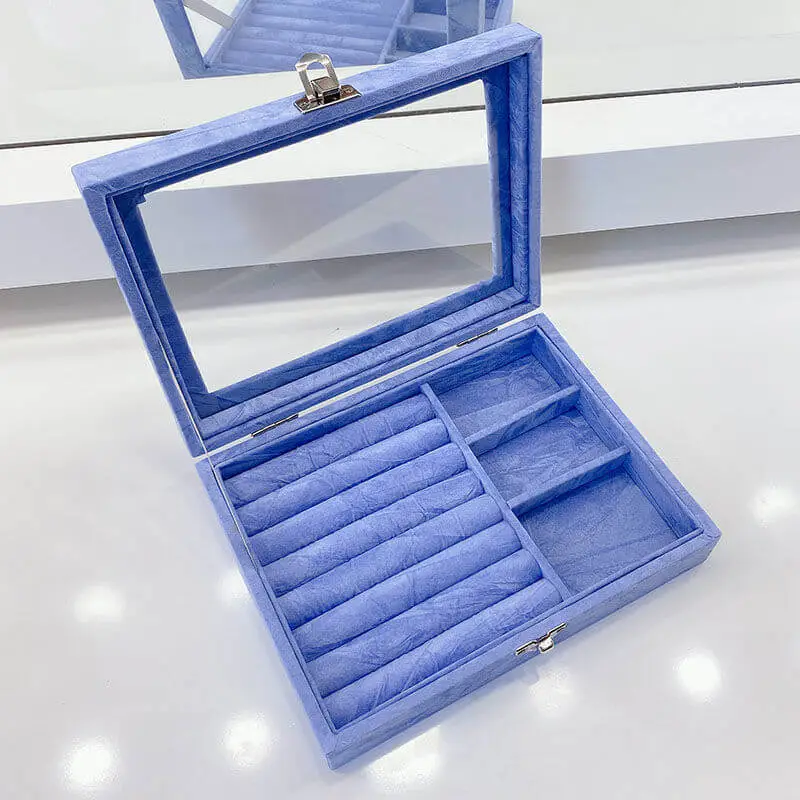 Portable Multifunctional Glass Flannelette Solid Color Jewelry Storage Box