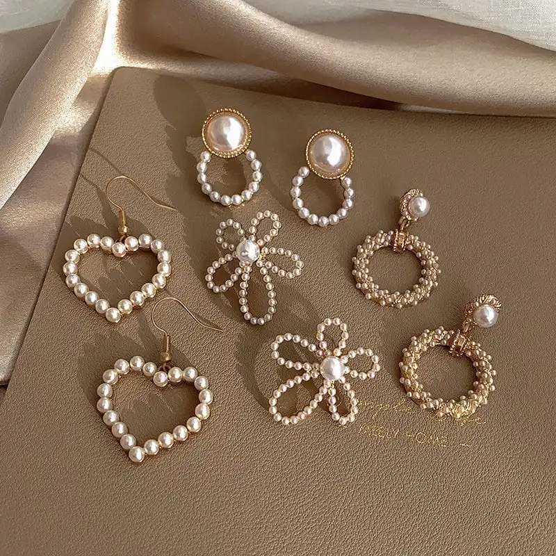 Women Retro Pearl Decorative Geometry Earrings Set