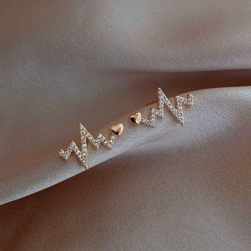 Women Unique Heartbeat Pattern Design Rhinestone Alloy Ear Stud