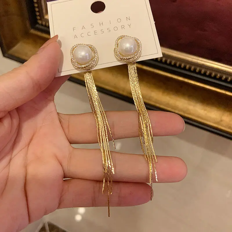 Temperament Pearl Decorative Tassel Earrings