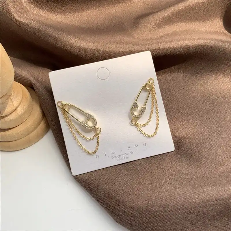 Women Retro Paper Clip Shaped Design Earrings 925 Silver Needle Alloy Rhinestone 3cm 2.7cm 10g