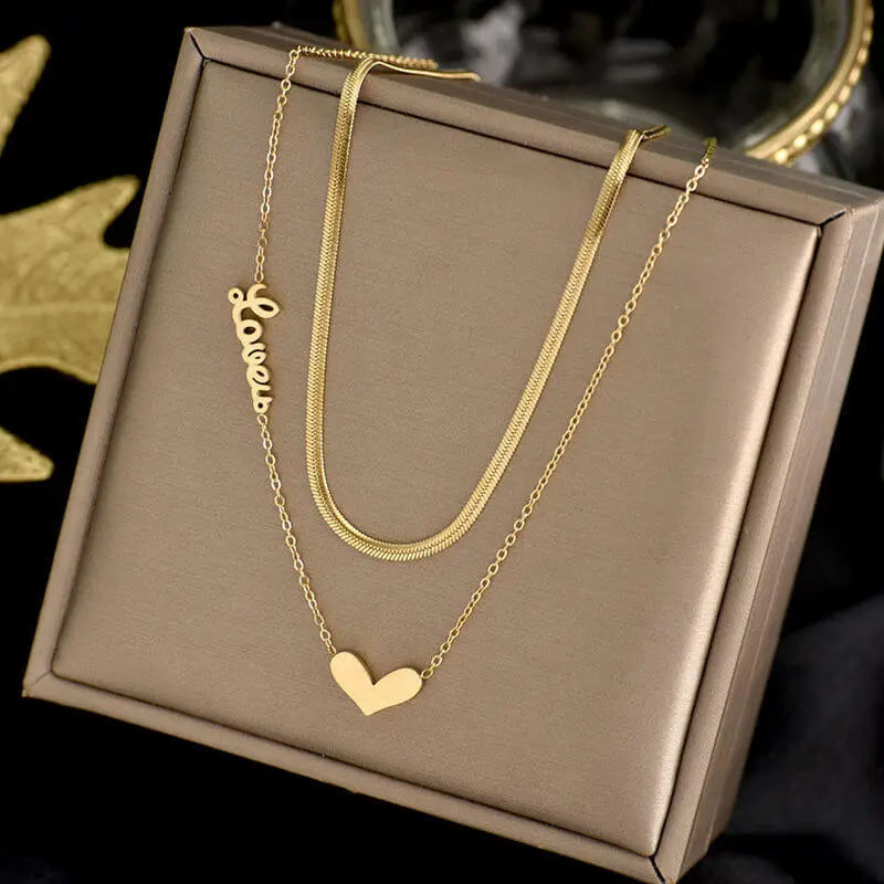 Fashion Letter And Heart Pendant Design Multilayer Titanium Steel Necklace