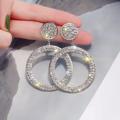 Women Fashion Round Rhinestone Decorative Earrings