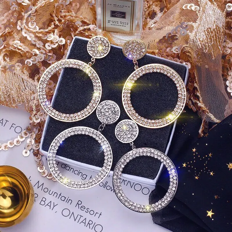 Women Fashion Round Rhinestone Decorative Earrings