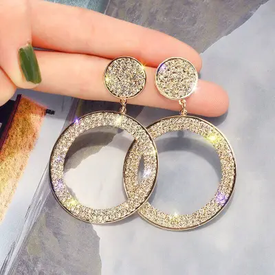 Women Fashion Round Rhinestone Decorative Earrings
