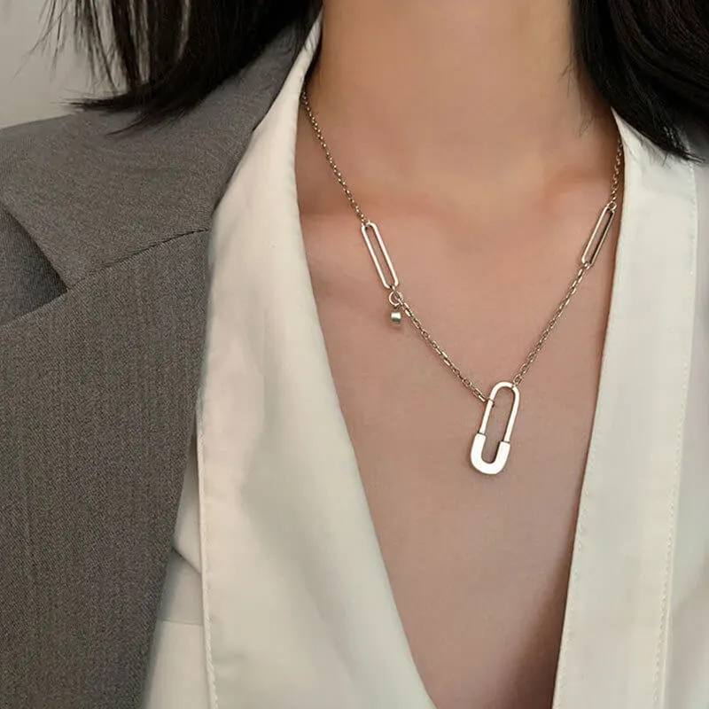 Geometric Paper Clip Shape Pendant 925 Silver Water Wave Chain Necklace for Women