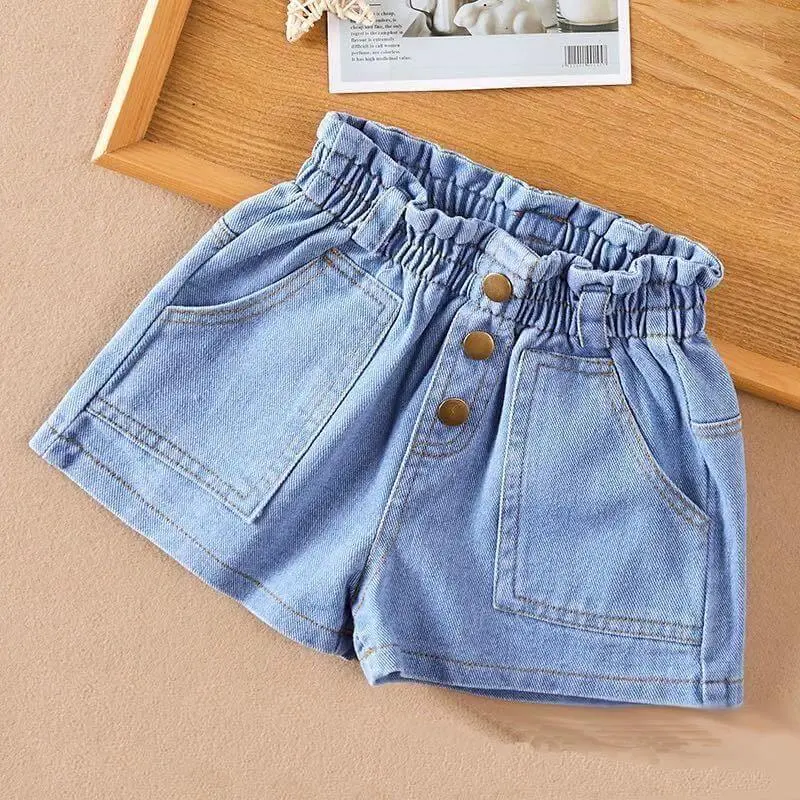 Girls Button Design Solid Color Casual Denim Shorts