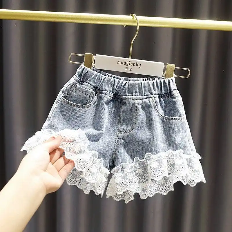 Girls Fashion Lace Colorful Button Design Casual Denim Shorts