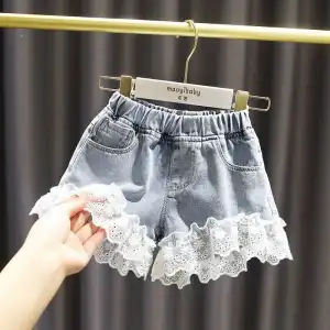 Girls Fashion Lace Colorful Button Design Casual Denim Shorts