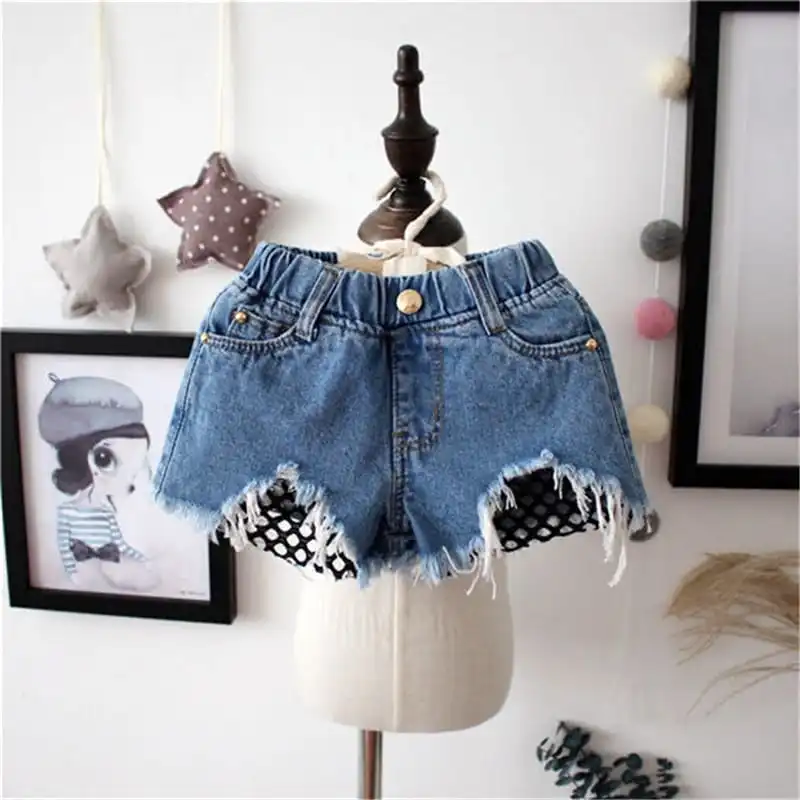 Girls Kids Denim Fashion Mesh Hole Design Shorts