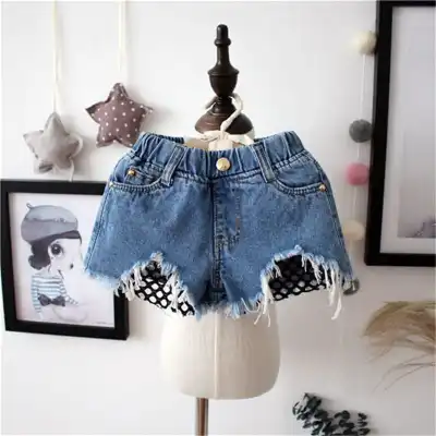 Girls Kids Denim Fashion Mesh Hole Design Shorts