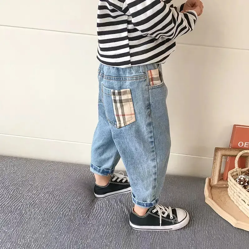 Boys Plaid Spliced Pockets Design Denim Jeans
