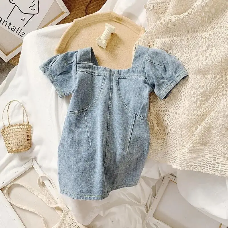Girls Simple Solid Color Denim Dress
