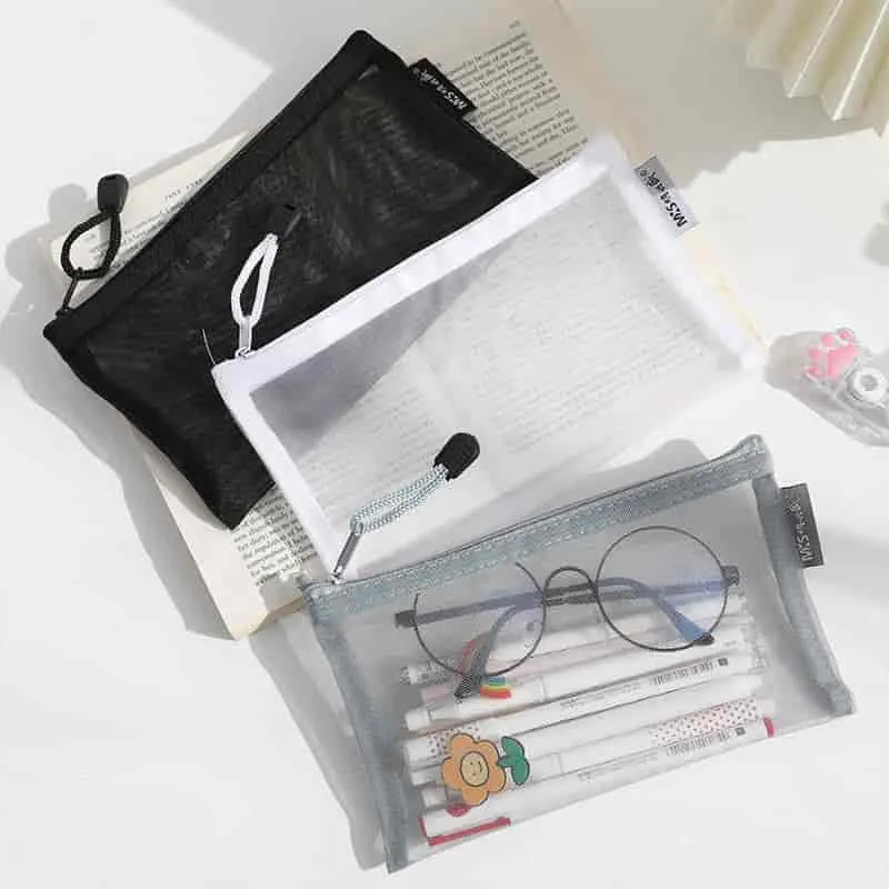See Through Nylon Pencil Case Simple Tulle Transparent Pen Bag