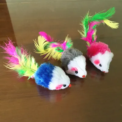 Colorful Feather Tail Plush Mouse Cat Toy for Interactive Play