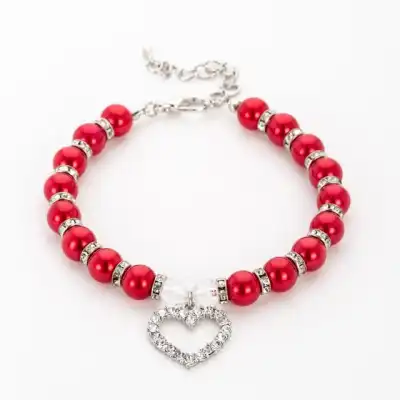 Pet Cute Rhinestones Heart Pendant Beaded Collar Sizes S M L