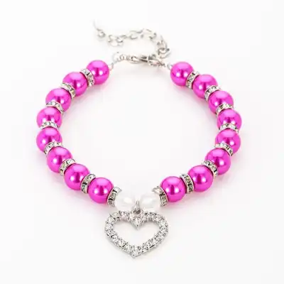Pet Cute Rhinestones Heart Pendant Beaded Collar Sizes S M L